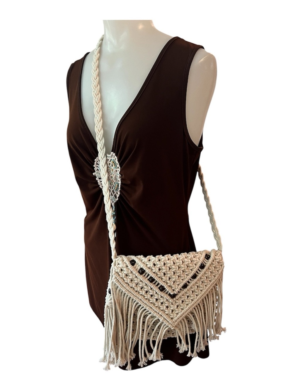 Hand Crafted Boho Cream Macrame Fringe Crossbody Bag